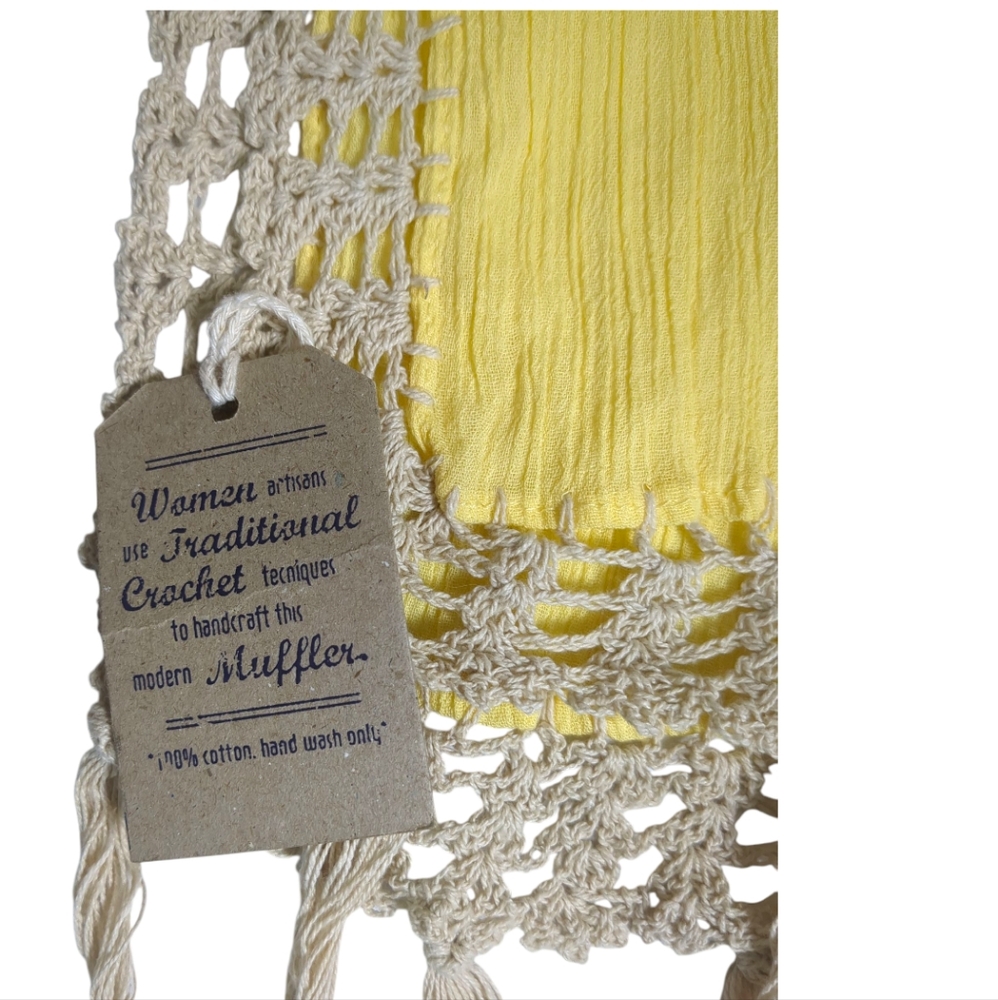 Yellow 100% Cotton Scarf with Fringed Crochet Accents New with Tags